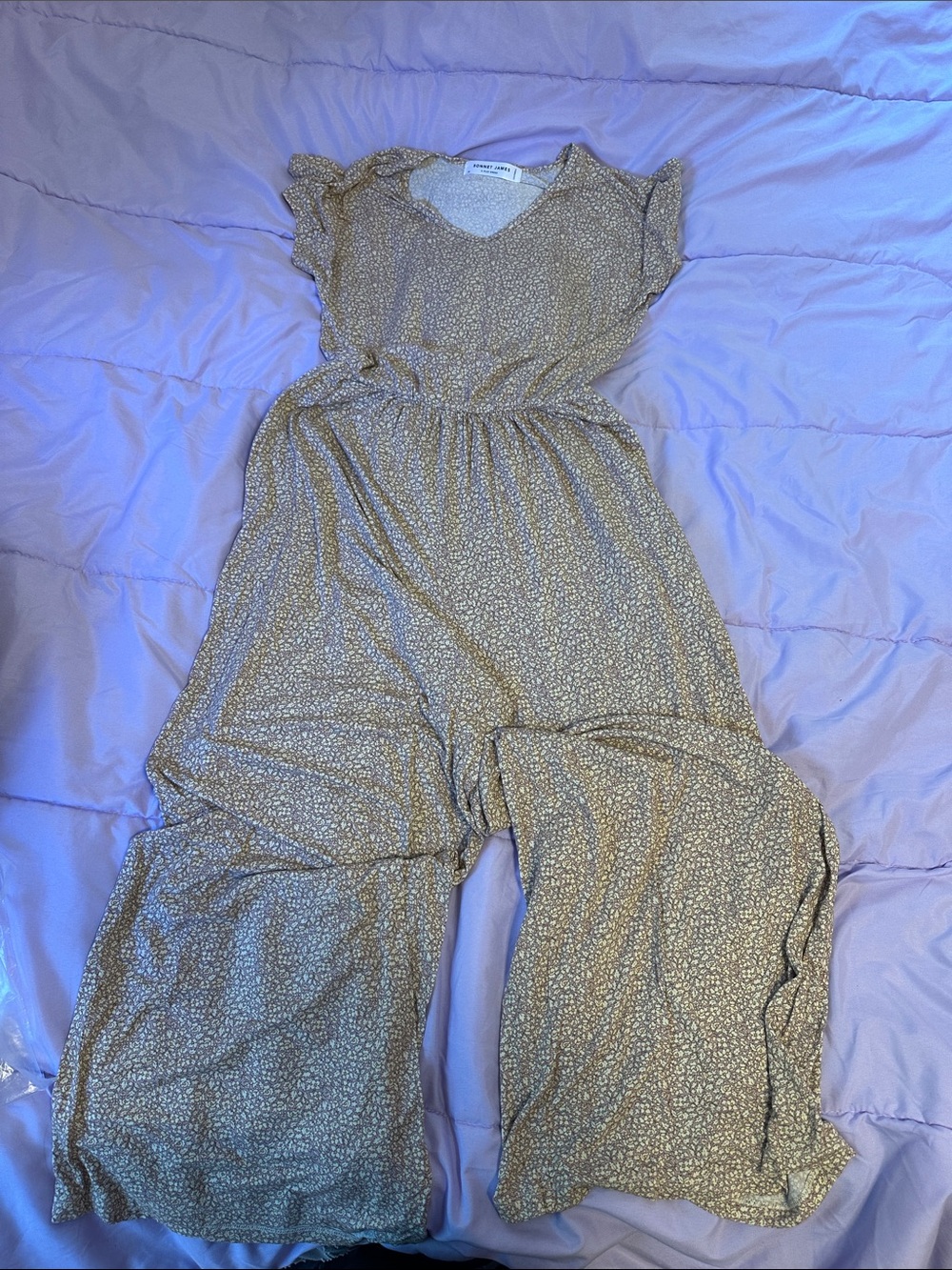 Sonnet James Floral Light Brown Wide-Leg Flutter-Sleeve Jumpsuit